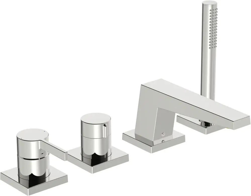 Einhebelmischer-Set für Wanne und Brause, bestehend aus einer Armatur mit zwei Steuergriffen und einem Schlauch, gefertigt von HANSA in glänzendem Chrom.